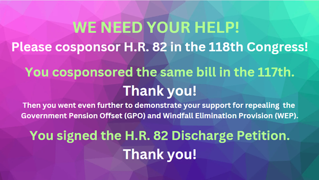 RepealWEP_GPO's tweet photo. In 2022, you earnestly supported the need to #RepealWEP &amp; #RepealGPO. Please continue your efforts to #EliminateWEPGPO and #CosponsorHR82!

Thanks so much, @RepBice! https://t.co/kYKqHFIuN8