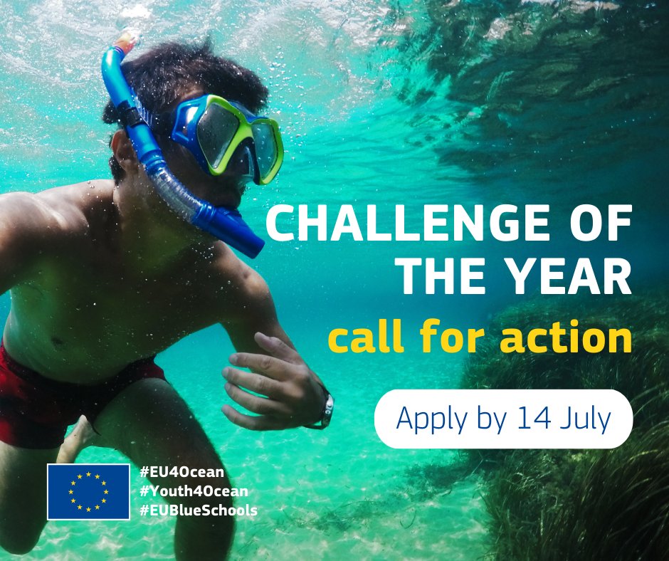 📣🌊👥Join the Challenge of the year!

We want your collective action for the ocean:

▶️Protect the ocean
▶️Support communities
▶️Spread ocean literacy

Deadline📅14 July 2023, 18.00 CET

Submit maritime-forum.ec.europa.eu/en/node/10417

#EU4Ocean #EUBlueSchools #Youth4Ocean #EMFAF