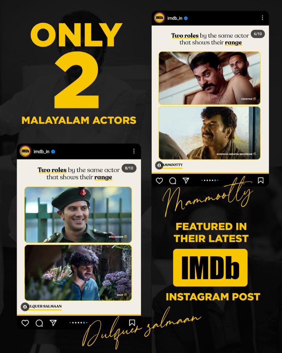 india !   “Two roles by the same actor that shows their range”  #SitaRamam & #Chup 😎📷@dulQuer#DulquerSalmaan & #Mammootty is the only 2 malayalam actors with 2 movies featured in the list of@IMDb
@mammukka @ItsFilmyDude 
#filmydude