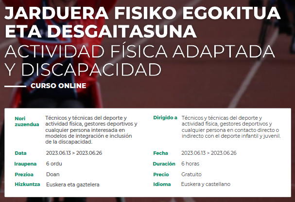 CURSO online : Actividad física adaptada y discapacidad
Los principales objetivos de este curso son aprender sobre los diferentes tipos de discapacidades y cómo afectan al ámbito deportivo.
tinyurl.com/2p8hp58z