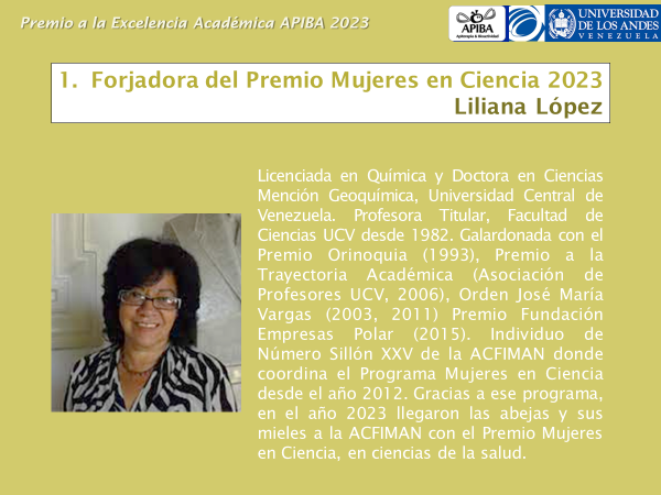 La doctora Liliana López, Individuo de Número de la Acfiman, fue galardonada con el Premio a la Excelencia Académica APIBA 2023, otorgado por el Grupo de Investigación con Laboratorio Apiterapia y Abioactividad #ULA, por su labor como coordinadora del Programa Mujeres en Ciencia