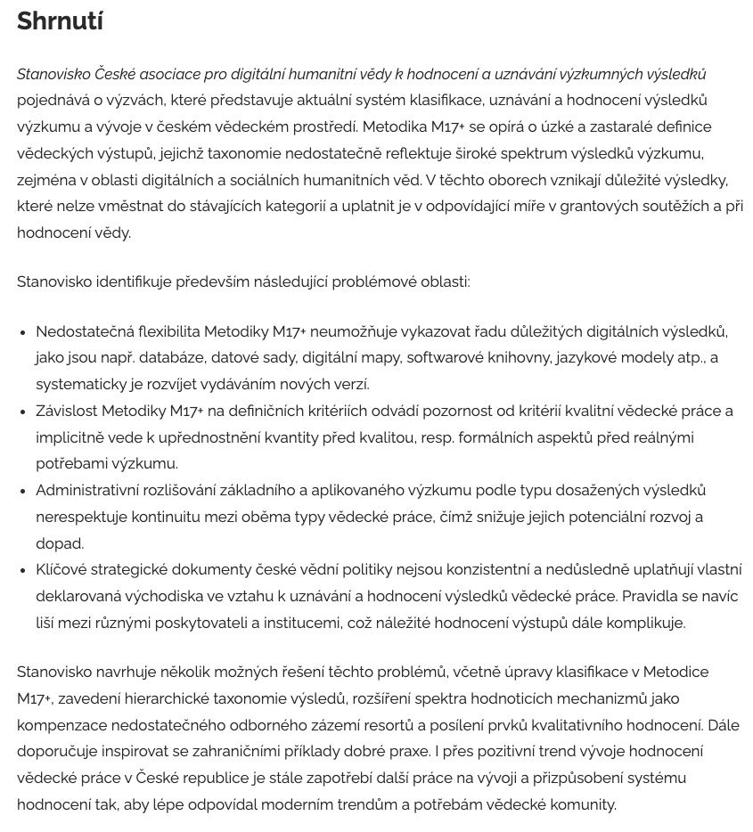 Děkujeme <a href="/vedavyzkum_cz/">VědaVýzkum.cz</a> za poskytnutí prostoru pro Stanovisko České asociace pro digitální humanitní vědy k hodnocení a uznávání výzkumných výsledků: vedavyzkum.cz/nazory-a-komen… Cílem Stanoviska je přispět k diskusím o dalším vývoji hodnocení vědy. #RVVI #CoARA