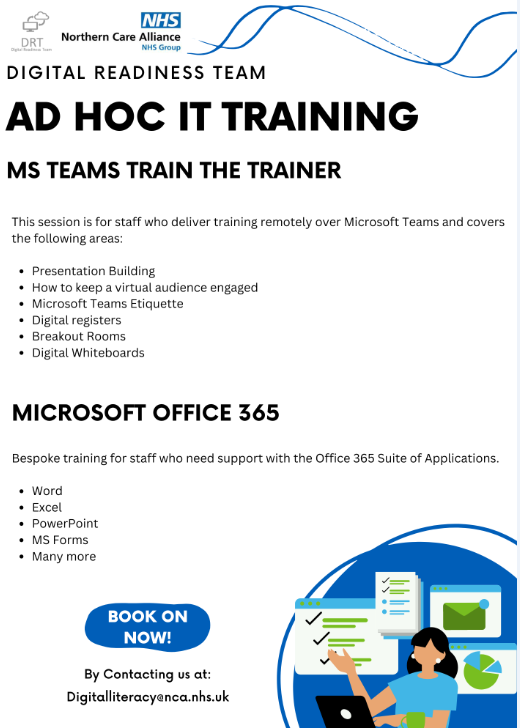 📢Do you want to advance your IT skills... for more info on these ad hoc sessions available, please contact: digitalliteracy@nca.nhs.uk