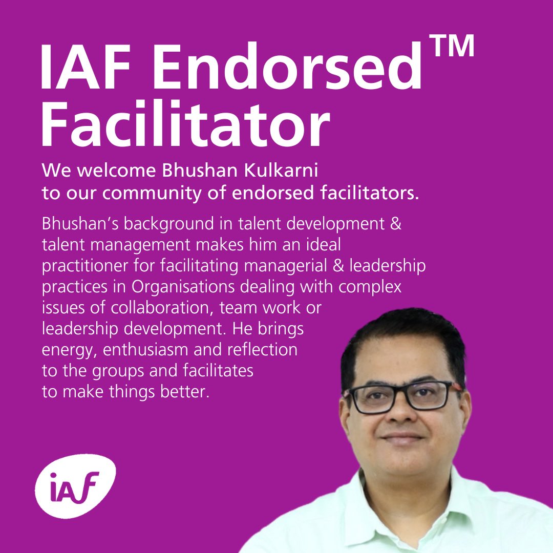 IAFacilitators's tweet photo. We welcome Bhushan Kulkarni to our community of endorsed facilitators.

The IAF Endorsed™ Facilitator (EF) designation has been specially designed for members who may be considered a practitioner in the field of facilitation.

For more information: https://t.co/EYC2LHYHbp https://t.co/RGjCt4INQ8