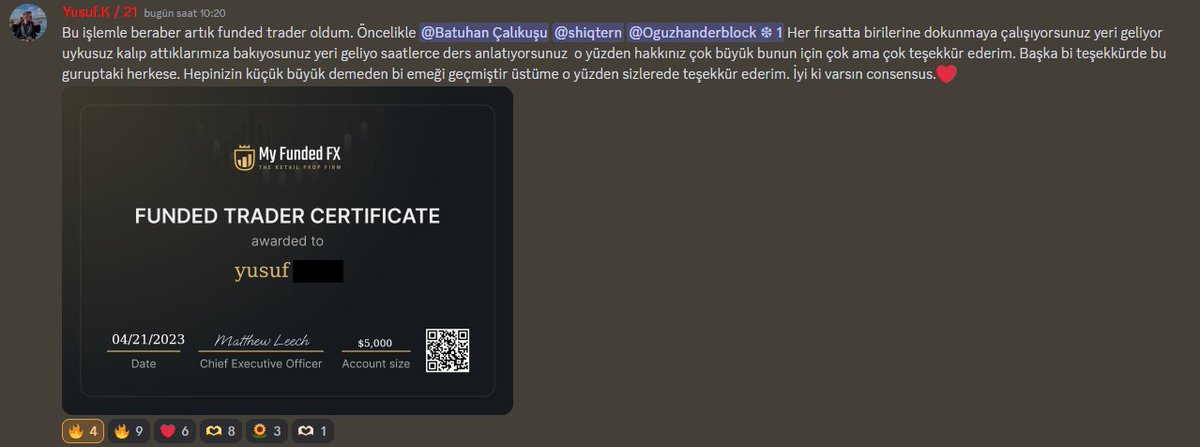 Herkese selamlar bugün 'Consensus Academy' olarak bizim için GURUR günü

Bugün eğitim grubumuzdan Yusuf ''funded trader'' oldu ve bizi gururlandırdı

Gerçek bir academy olmanın sevincindeyiz. Consensus Academy içinden gerçek traderlar çıkıyor :)

Yusuf'a bir maşallah favı atalım