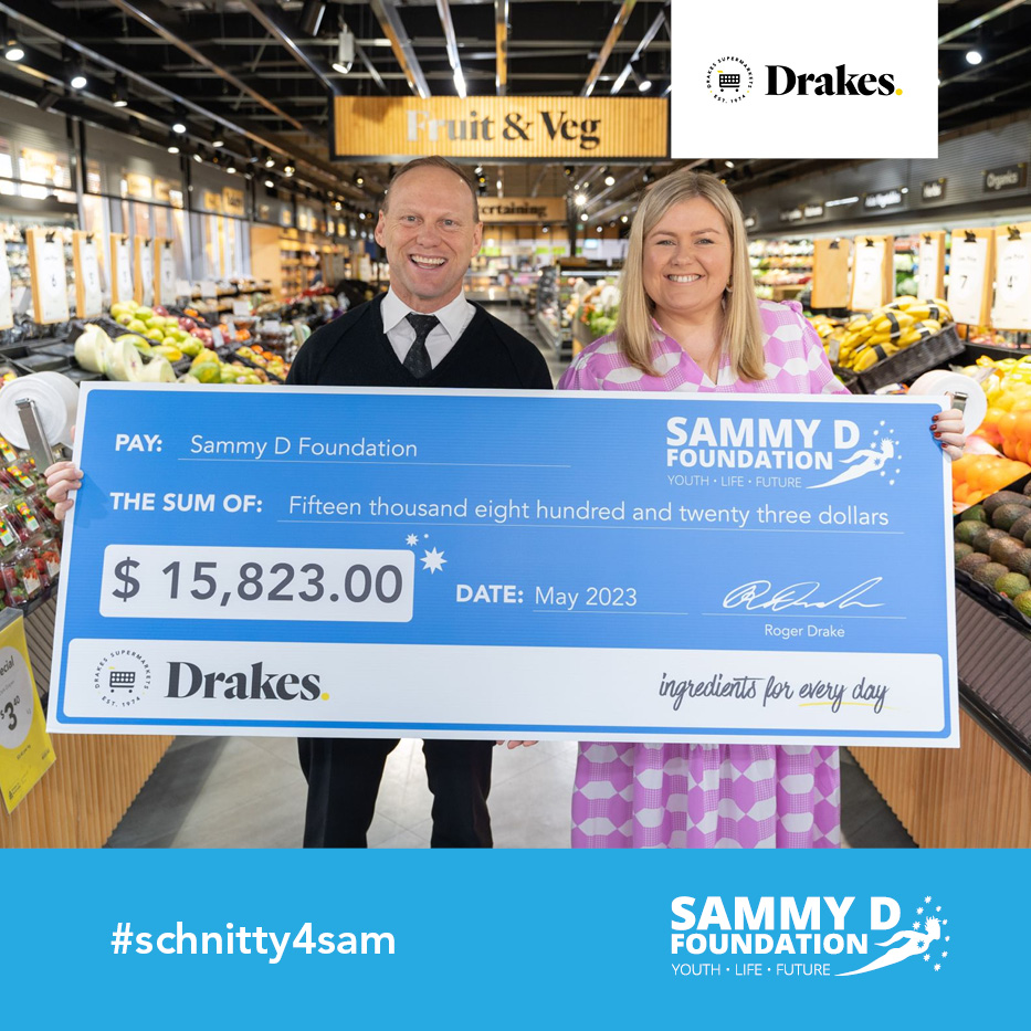 Thanks to our friends at Drakes Supermarkets and YOU, our incredible supporters who purchased speciality marked schnitzels packs throughout our #schnitty4sam campaign, today our CEO, Brigid Koenig received a cheque for $15,823 from Drakes Director, JP Drake.