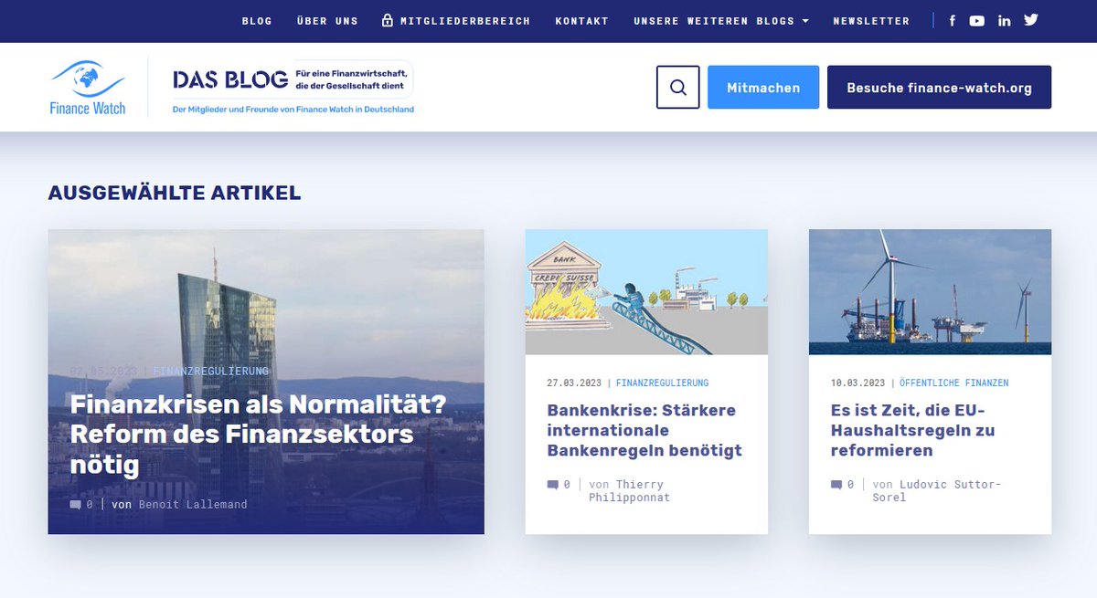 📢Jetzt live: Unser neues Finance Watch Blog in deutscher Sprache. Alle wichtigen Debatten zu EU Finanzregulierung an einem Ort: 
🏦Bankenkrisen, 
🌱nachhaltiges Finanzwesen, 
🪙Fiskalregeln, 
🧑🏻‍🤝‍🧑🏾Verbraucherschutz und mehr!

Besuche das Blog: finance-watch.org/dasblog