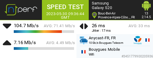 ↓104669 kb/s ↑7160 kb/s, ⇄ 26 ms / wifi:Bouygues Mobile / #GalaxyS20 / #nPerf v2.14.5 /