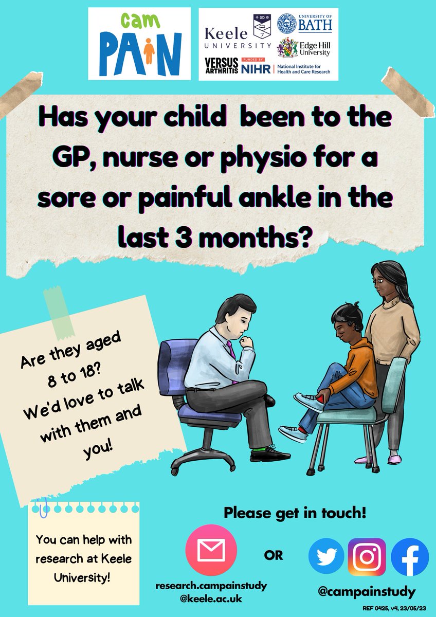 Has your child visited healthcare with ankle #pain in the last 3 months? 

You can be involved in exciting #research! Please get in touch, the CAM-Pain team @KeeleUniversity  would love to chat and find out more about your experiences.
#mskpain #anklepain #painresearch