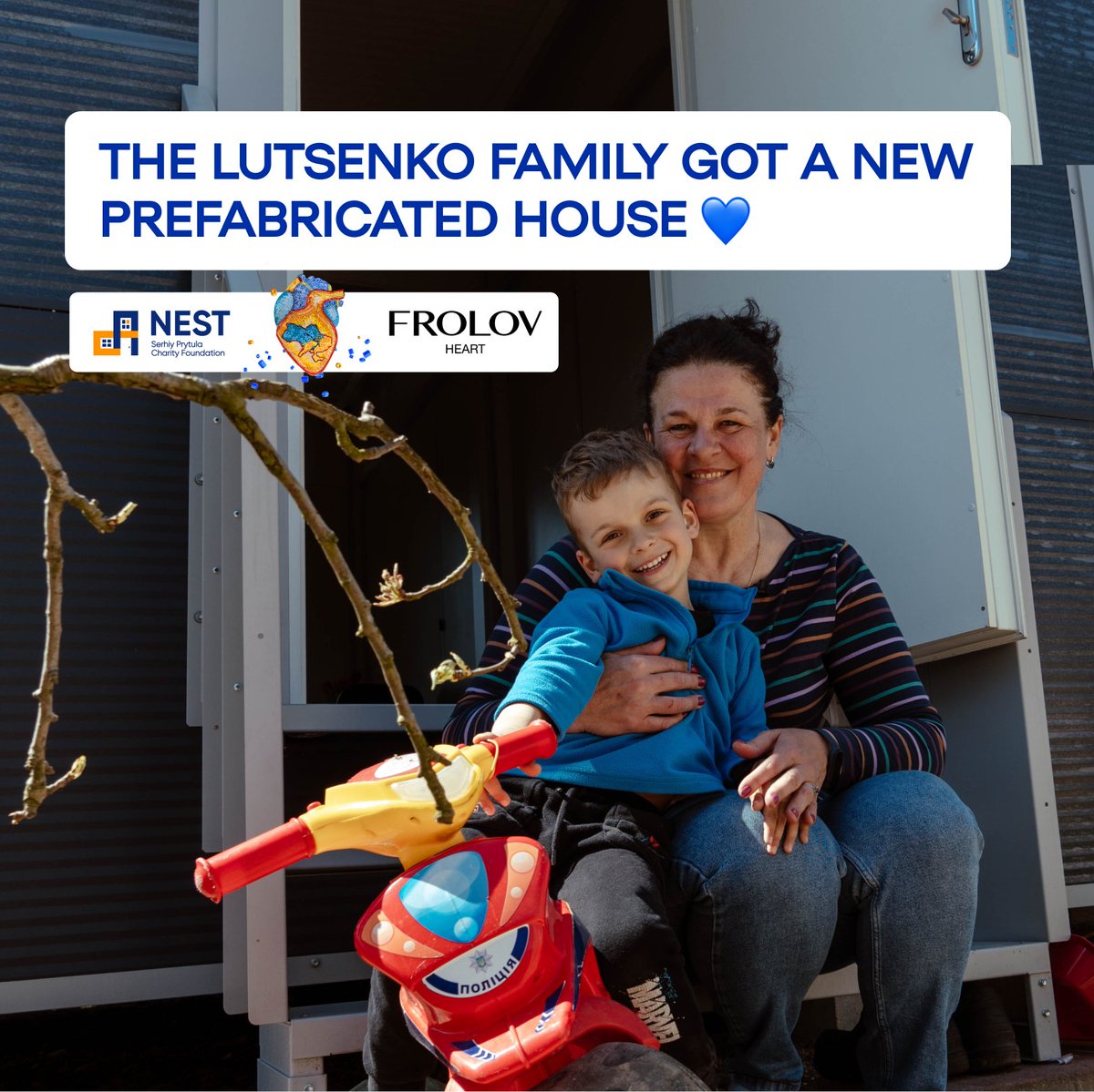 The Lutsenko family at home 🤍

FROLOV HEART collection's profits have been dedicated to the #NEST project since September 2022. It's resulted in an impressive $27,352. 
We used most of these funds to set up a 4-modular house for one more amazing Ukrainian family. United to help!