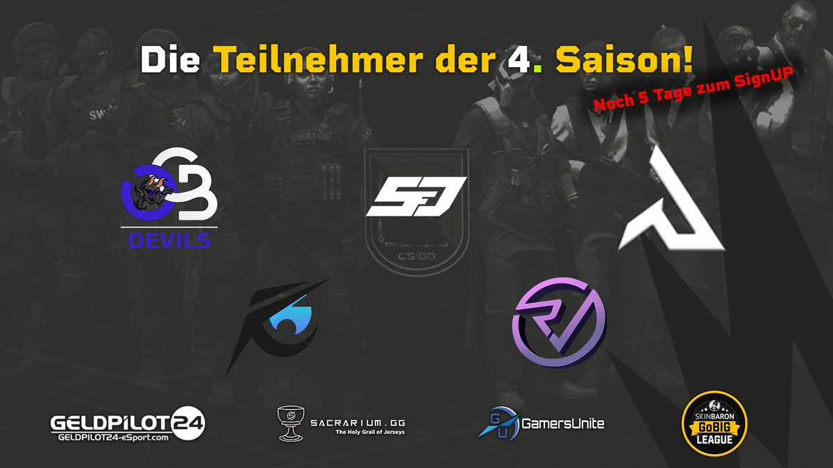 DACH CS Masters (@dachcs) on Twitter photo Auch der Sieger der letzten Saison tritt wieder an!
Ihr wollt dem Titelverteidiger ein Strich durch die Rechnung machen?
Dann meldet euch bis zum 4.06. an!
Mit dabei:
<a href="/OTHERSCANTBEAT/">OTHERSCANTBEAT</a> Devils
<a href="/SFDGaming/">SFD-Gaming</a> Youngstars
Dyneema
PSYCOZ
<a href="/RVMultigaming/">Reveal Multigaming</a> Academy 🏆
#Demo_League #Saison4 Auch der Sieger der letzten Saison tritt wieder an!
Ihr wollt dem Titelverteidiger ein Strich durch die Rechnung machen?
Dann meldet euch bis zum 4.06. an!
Mit dabei:
<a href="/OTHERSCANTBEAT/">OTHERSCANTBEAT</a> Devils
<a href="/SFDGaming/">SFD-Gaming</a> Youngstars
Dyneema
PSYCOZ
<a href="/RVMultigaming/">Reveal Multigaming</a> Academy 🏆
#Demo_League #Saison4