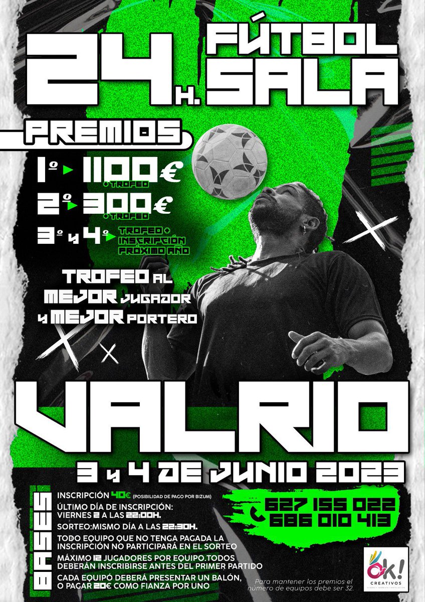 24 Horas de Fútbol Sala!

Este fin de semana nuestros paisanos de Valrio organizan nuevo evento deportivo! 

Te animamos a apuntarte y pasar un fin de semana con el mejor Futsal de la zona! 

 📆 3 y 4 de Junio.

📍Pabellón Municipal de Valrio.