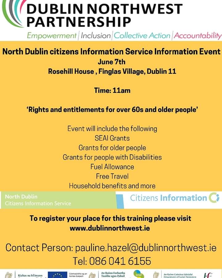 Would you like to know more about the rights and entitlements for over 60s and older people?Register your place Contact Pauline on 086 041 6155 or email pauline.hazel@dublinnorthwest.ie 
Citizens Information 

#olderpeople 
#dublinnorthwest   
#euinmyregion