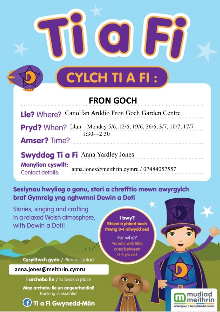 CYLCHOEDD TI A FI : Tymor yr Haf - Arfon a Dwyfor... 10.30 – 11.30 Llun/Monday Neuadd Goffa Llanllyfni 1.30 – 2.30 Llun/Monday Fron Goch 1.30 – 2.30 Mercher/Wednesday Llyfrgell Nefyn Library 10.30 – 11.30 Iau/Thursday Llyfrgell Pwllheli Library @cylchtiafi