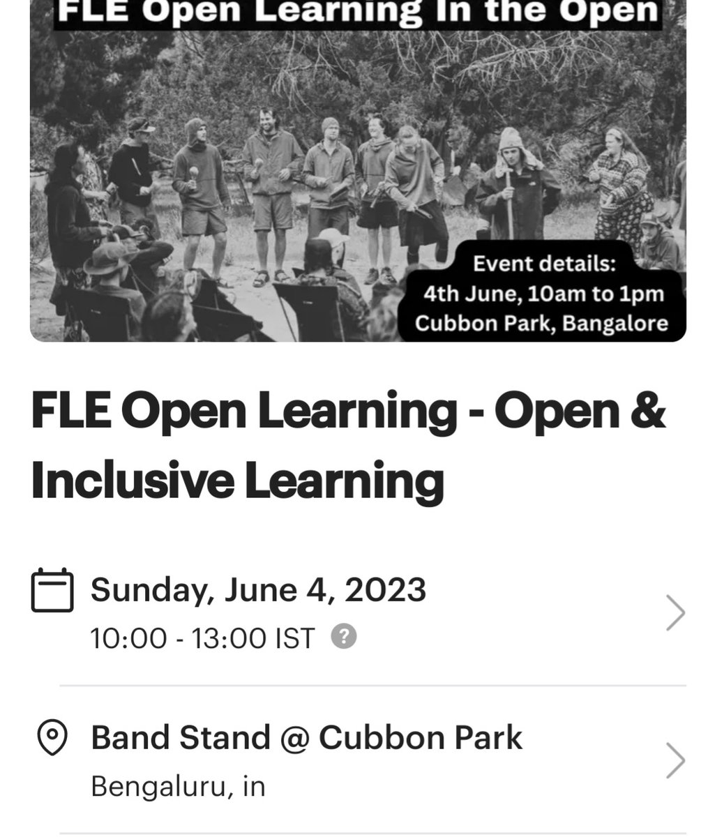 FreeLivingExpts's tweet photo. JUNE 4th -  FLE Open Learningevent is happening  at #cubbonpark. Find more details and RSVP in the link 👇. Come join us in an open and inclusive learning experience #inclusion #learning #education #bangalore #community #Bangaloreevents #knowledgeexchange #teaching #freeeducation https://t.co/azJSQ0pCZc