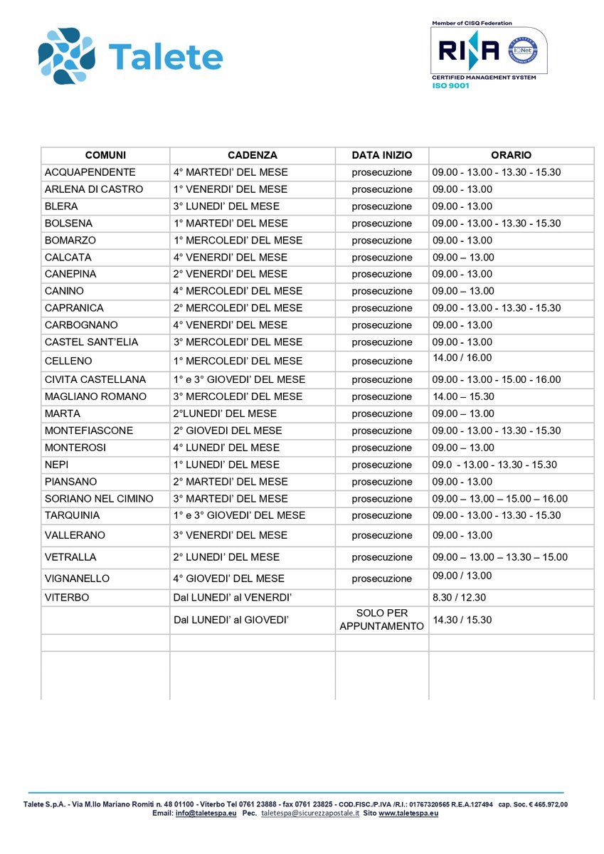SISTEMA UNICO DI PRENOTAZIONE PER GLI SPORTELLI TERRITORIALI
CLICCA QUI 👇
taletespa.k-pas.it
𝐔𝐑𝐏  𝐠𝐢𝐮𝐠𝐧𝐨 𝟐𝟎𝟐𝟑

@ComuneCivitaC  @ComunediCalcata  @Bolsena_City  @sorianocimino  @comunetarquinia @com