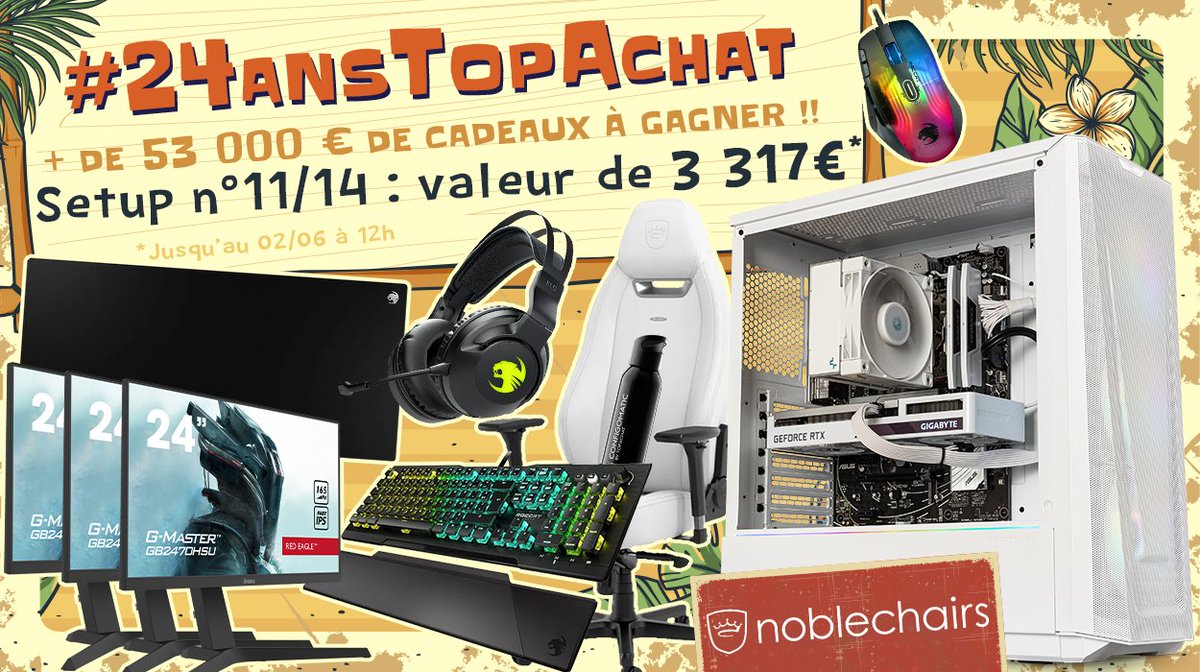 Concours 🎁 #24AnsTopAchat 🔥 + de 53 000 € de cadeaux à gagner ! 🔥 C'est parti pour le #Setup11 de 3317 € ! Pour participer ☑ #RT ce tweet ☑ Follow @TopAchat Participe aussi sur TikTok / Discord / Insta / Facebook topachat.com/p/content/conc… 🍀 TAS le 02/06 à 12h