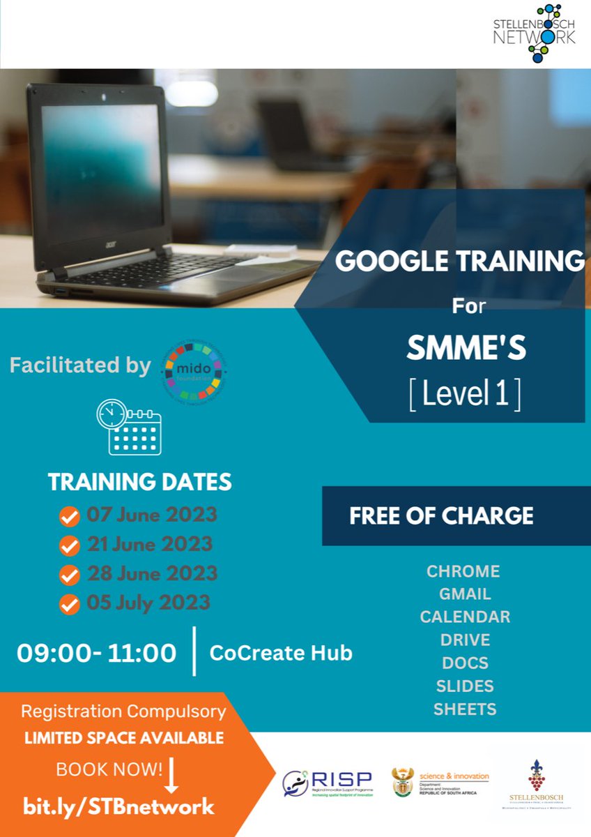 StellenboschN's tweet photo. Join us for the #GoogleTraining for #SMME's series, facilitated by Mido Foundation at the CoCreate Hub in #Stellenbosch. Start taking your #business to new heights from 7 June.
Free of charge but limited space available so RSVP is compulsory: https://t.co/PrjPrhL7UY
@StellMun https://t.co/aOKjfdv4Tu