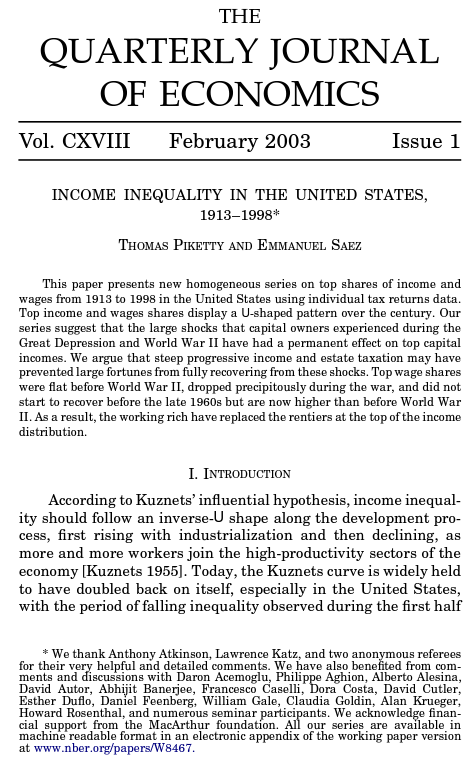 10 Excellent Empirical Papers on Economic Inequality
1) Income Inequality in the United States, 1913–1998 - @PikettyLeMonde + Saez
This terrific paper details income inequality over the 20th century, positioning WW2 as a key shock in reducing inequality

academic.oup.com/qje/article-ab…