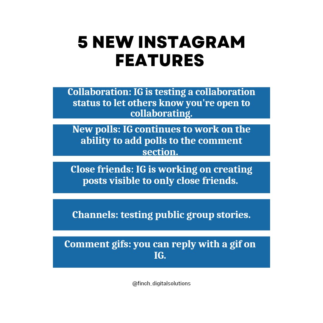 Instagram keeps bringing new features and we are here to bring them to your notice.

Read through to know more on Instagram's new features. 

Like this? Save for later and follow us @finch_digitalsolutions for more

#Socialmediamarketing #digitalbranding #Socialmedia101