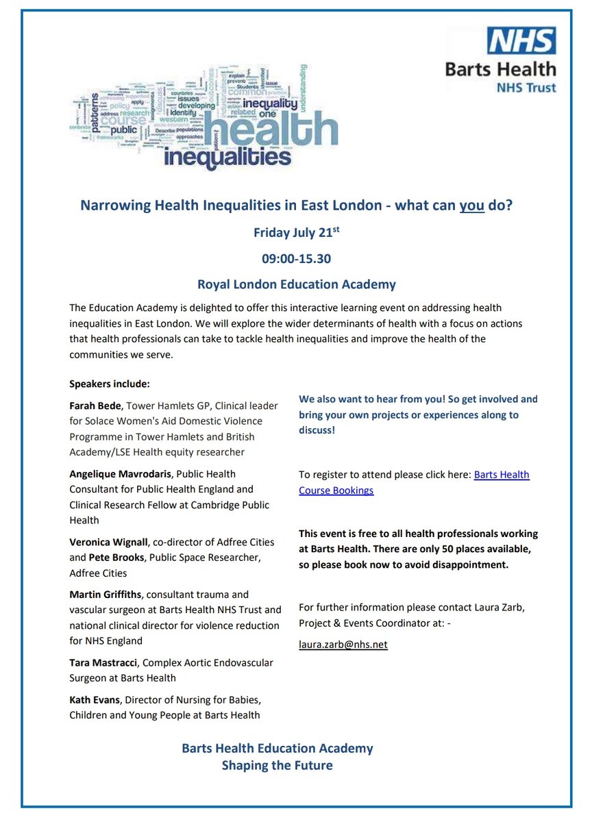 ✅Work at @NHSBartsHealth?
✅Want to take action on #HealthInequalities?
➡️Come to the @BH__Academy's study day on 21st July!

Book here: booking.bartshealth.nhs.uk/courses/detail…

#SocialDeterminantsOfHealth
#HealthCreation
#HealthJustice