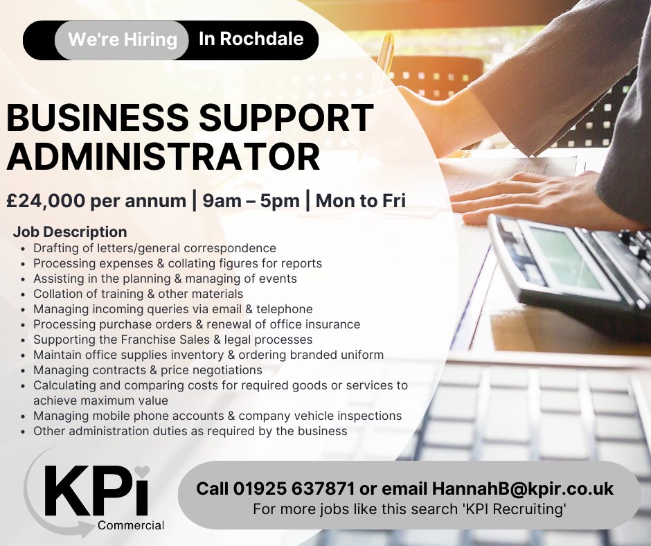 Check out our new role in Rochdale!
The Business Support Administrator wanted to join our client's growing team.
Think this could be for you? 
Call Hannah on 01925 637871 or email your cv to hannahb@kpir.co.uk 
#Administrator #RochdaleJobs #LoveYourJob