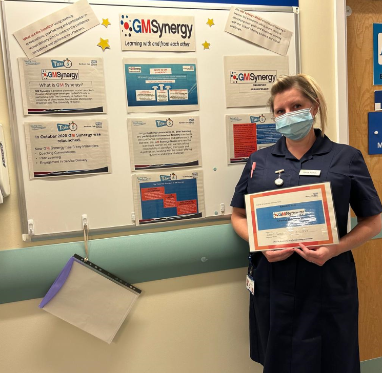 🤗Congratulations to ward F11 OCO, our latest placement area to receive their GM Synergy Learning Environment Certificate. Here is PEL Sarah Fullen in front of the information board she produced to embed &amp; promote GM Synergy within the dept. Well done to Sarah &amp; the team 🤗
