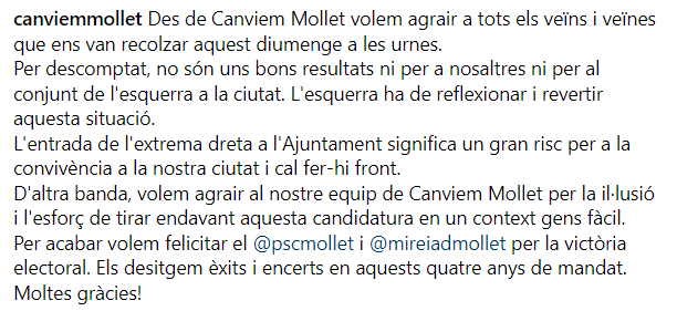 Des de Canviem Mollet volem agrair a tots els veïns i veïnes que ens van recolzar aquest diumenge a les urnes.
Per descomptat, no són uns bons resultats ni per a nosaltres ni per al conjunt de l'esquerra a la ciutat. Moltes gràcies a tots i a totes.