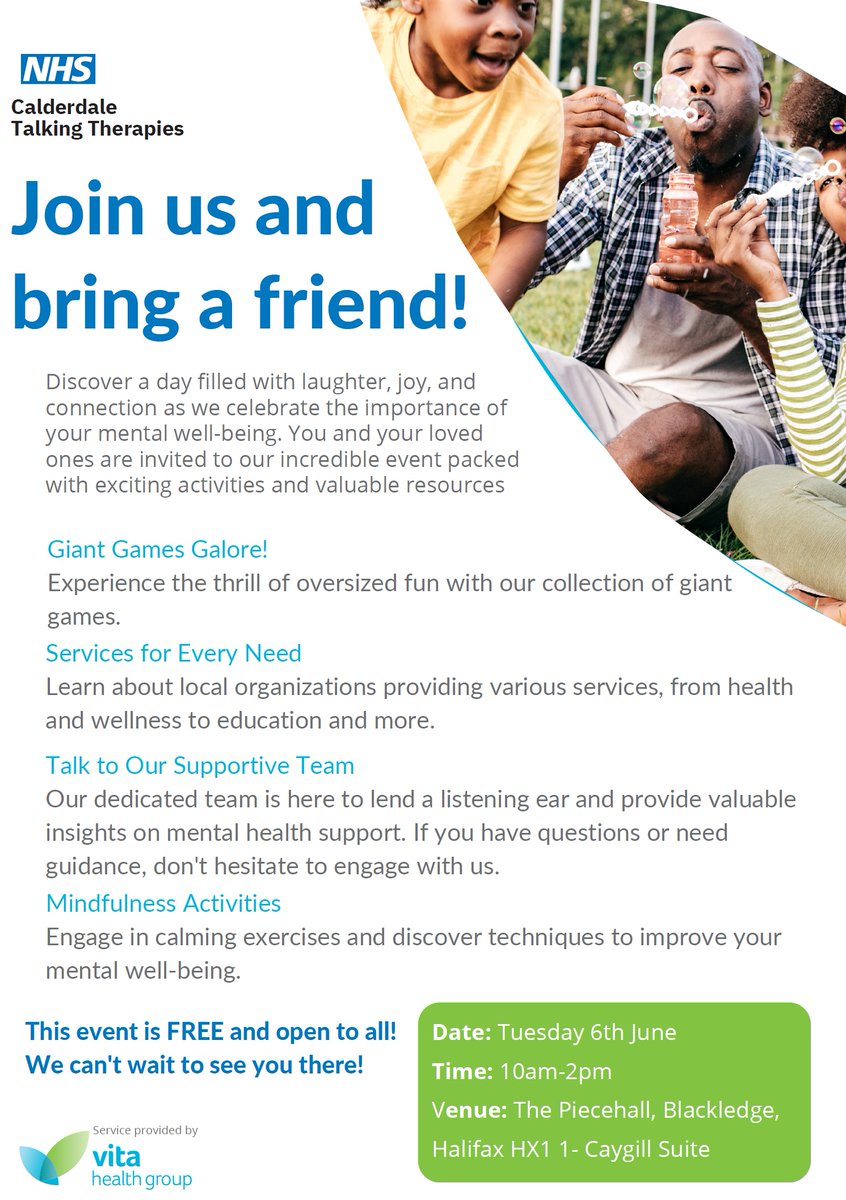 Wellbeing Event - June 6th 10am-2pm
At The Piece Hall, Halifax
@ThePieceHall @CandKTT @vitaminds_vhg