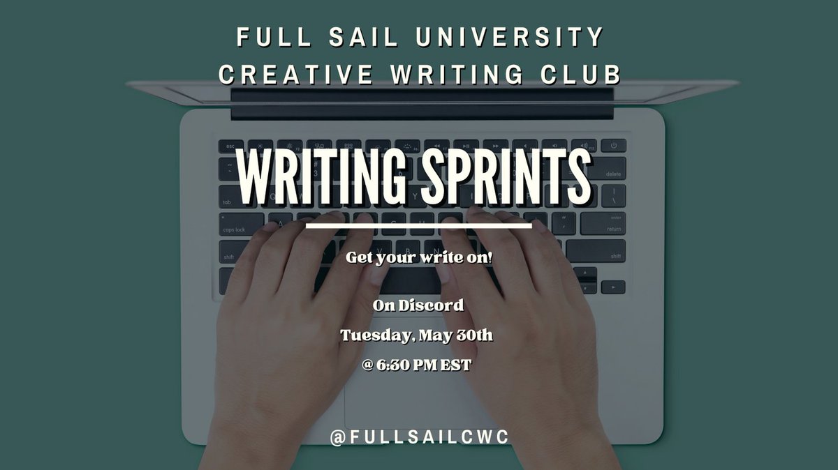 Join us on Tuesday, May 30th @ 6:30 PM EST on Discord for our #weeklywritingsprint! Get your words flowing with a prompt or work on your own project. #writing #fullsailuniversity #fullsailalumni #creativewriting #fullsailcwc