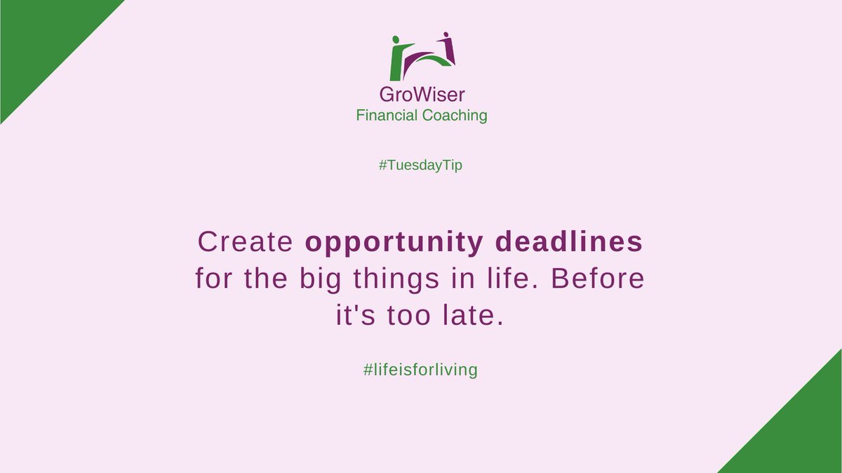 Don't let dreams and aspirations pass you by.

Instead of thinking 'One day, I'll.......';

....create a plan to do the things you want, set a deadline and stay focused.

#TuesdayTip #financialcoaching #lifeplanning #accountability #lifeisforliving