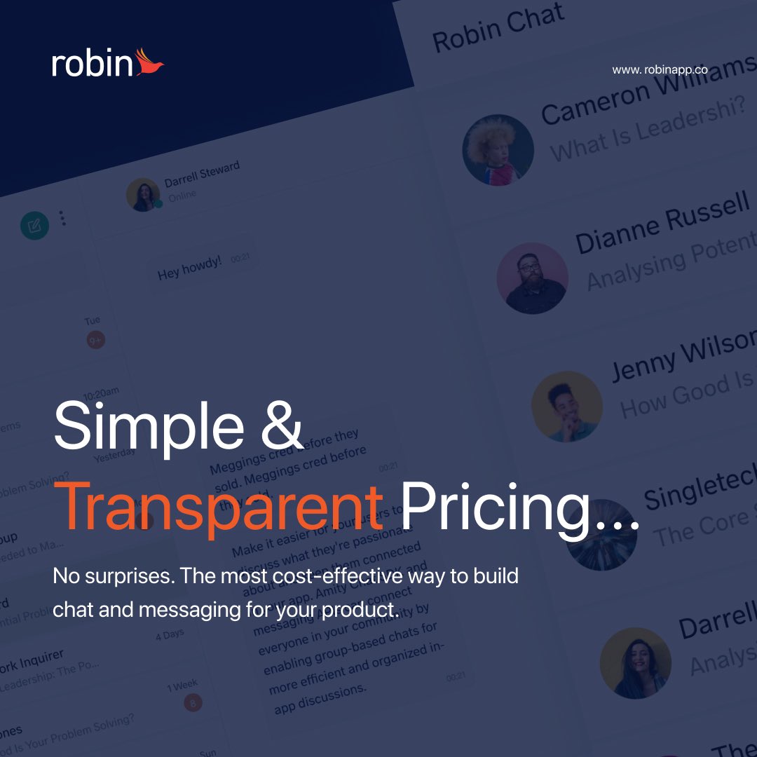 Robinapp_'s tweet image. There are no surprises. Robin is the most cost-effective way to build chat and messaging for your product. 

#robin #messagingsolutions #chatbot #chats