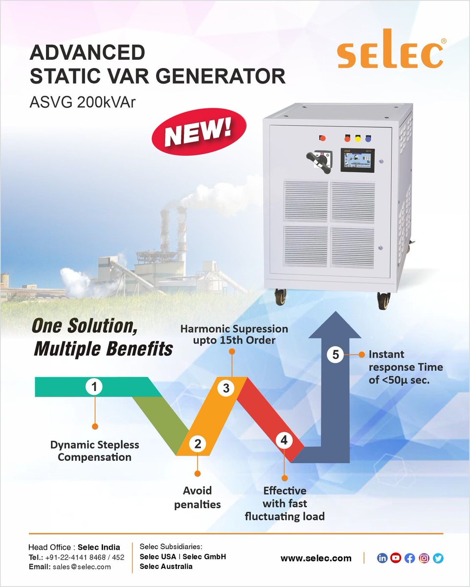SelecControls's tweet image. Introducing Selec 200KVAr ASVG Solution.
The product is completely manufactured in India &amp;amp; ensures a serviceable life of minimum 5 years to ensure max ROI against the product. Email us at sales@selec.com to know more.
#selec #seleccontrols #madeinindia #ASVG #creatingbestquality