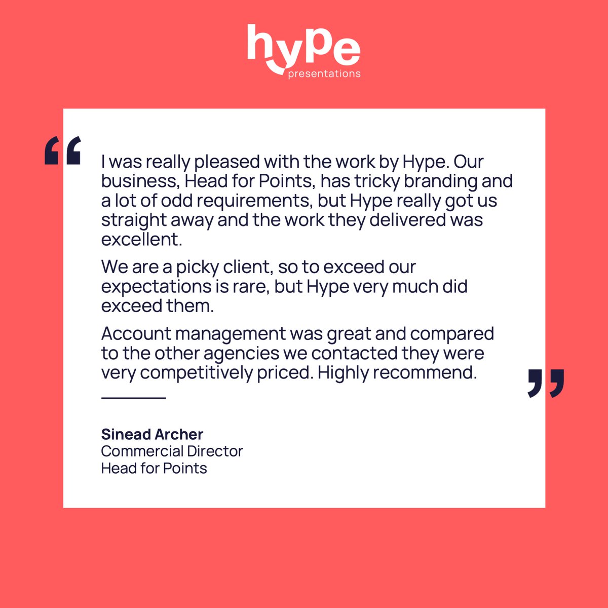 Our client at Head for Points loved our work! 🌟 From tricky branding to exceptional results, we exceeded their expectations. Our competitive pricing and top-notch account management set us apart. Thank you for the recommendation!

#ClientTestimonial #HypePresentations #Branding