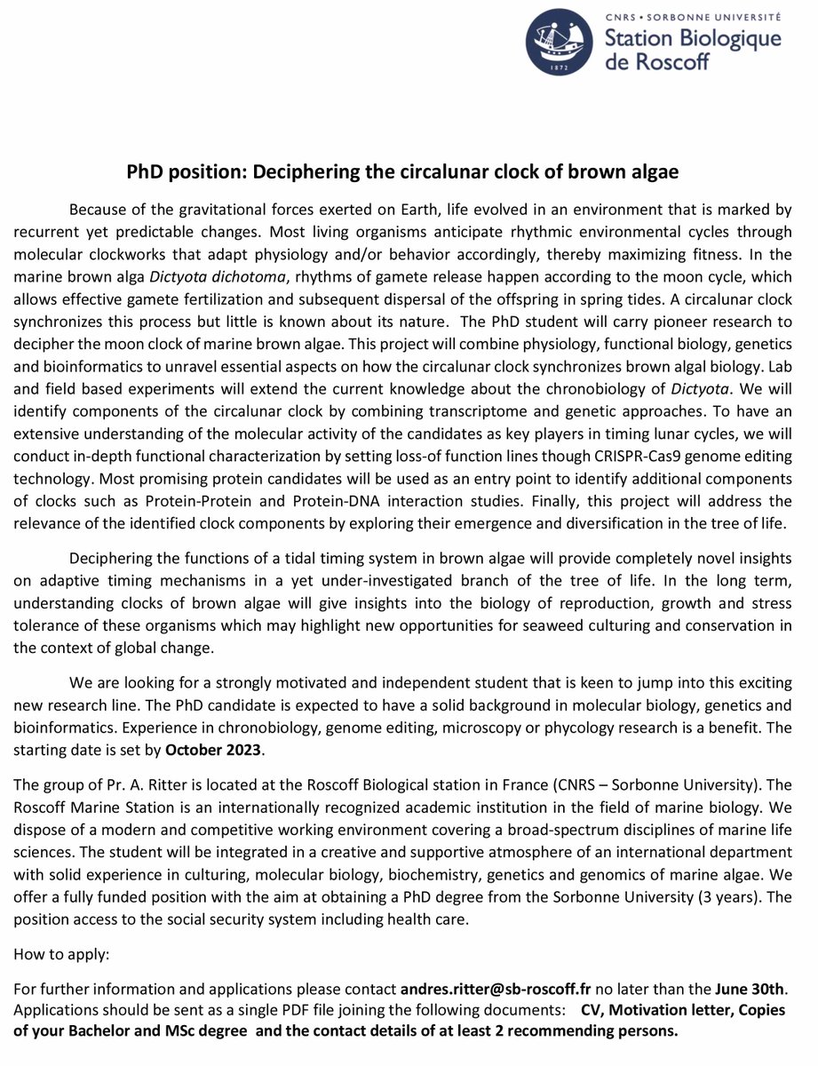 ritter_andres's tweet photo. PhD opening in my lab about circalunar rhythms of brown algae. #circadian #chronobiology #phaeophycea #algae #PhDpositions https://t.co/a2sye49NI9
