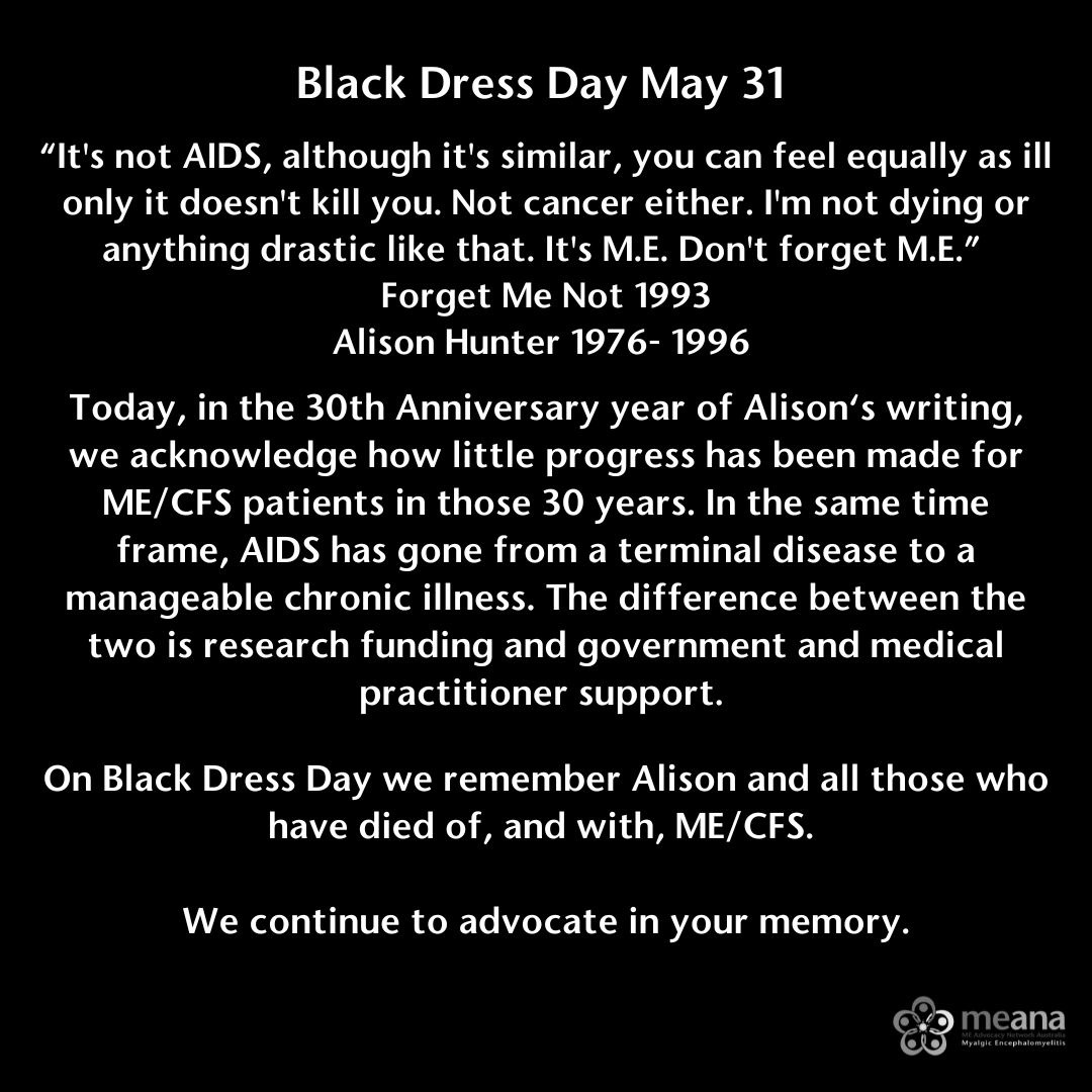 MEAdvNetAu's tweet photo. On #BlackDressDay we remember all those who have died of, and with, ME/CFS. 

Support people with #MECFS to update the #NHMRC guidelines here: https://t.co/avQBudgOcJ

‘Forget Me Not’ by Alison Hunter
https://t.co/PsDLsmwAgR https://t.co/SXMkfu5Mzz