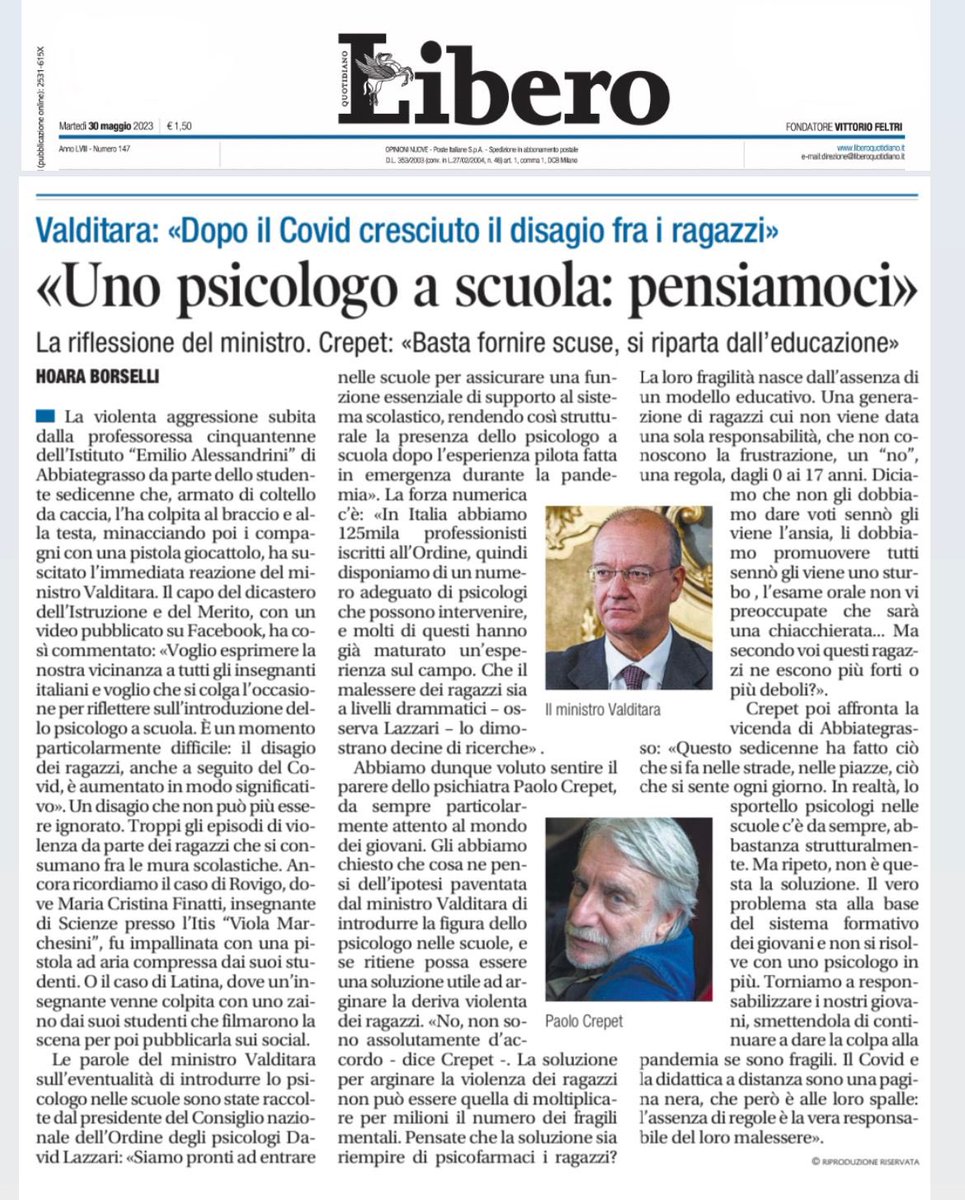 HoaraBorselli's tweet photo. Nel mio articolo di oggi.
Dopo l’aggressione dello studente che ha accoltellato la prof, il Ministro #Valditara paventa lo psicologo nelle scuole. Crepet dice invece che il problema sta nel modello educativo. Non servono psicologi ma regole e responsabilità che sono venute meno. https://t.co/6lY7iR7TKv