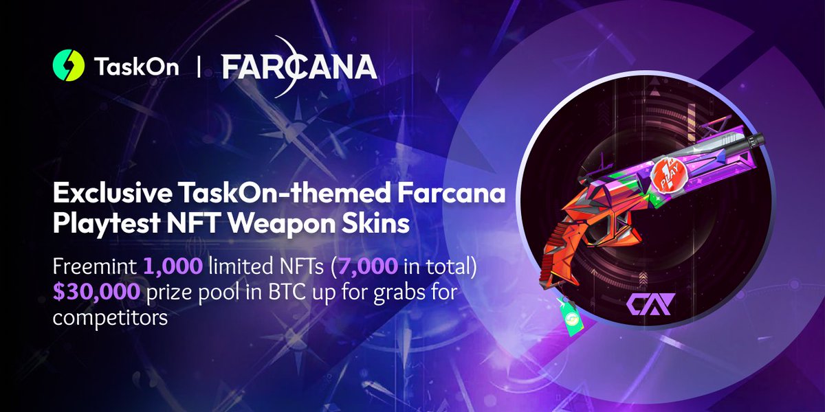🎮 FPS fanatics, don't miss out! @FarcanaOfficial is hosting its first-ever beta test worth $30,000 BTC. #Play2Earn  

First, join in @taskonxyz #giveaway and gear up your gun with a limited #TaskOn skin!  
taskon.xyz/campaign/detai…  #NFT 

#GameFi #Web3 #Airdrop