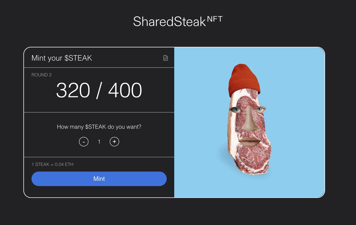 _passch's tweet photo. The last 80 $STEAK left for the 2nd round.
Probably nothing 🤔
🥩 Mint → https://t.co/D0HoONSbQa
📄 Story → https://t.co/kkHSQx6Acv
🖼️ How to → https://t.co/HFHZTvNpRQ
#SharedSteakNFT #SharedStake $SGT https://t.co/rPG6A5goe7