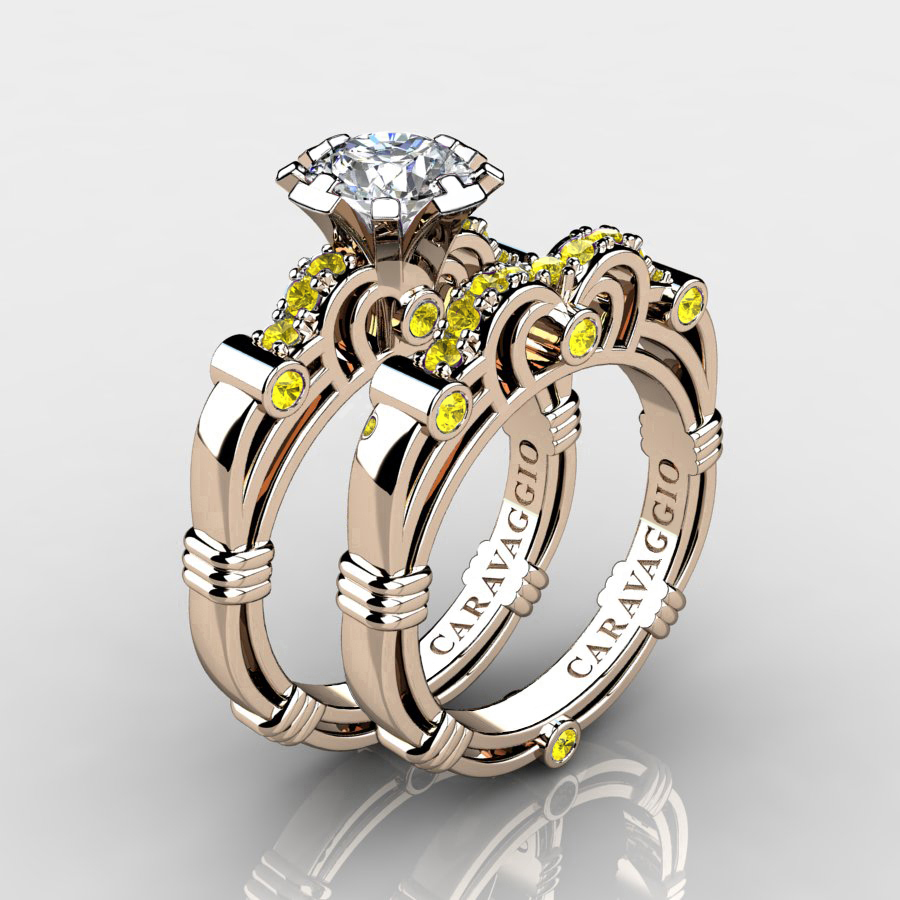 Revival 💎 caravaggiojewelry.com/?p=389476 Art Masters Caravaggio 14K #Rose Gold 1.0 Ct White and Yellow #Sapphire Engagement Ring Wedding Band Set R623S-14KRGYSWS at Caravaggio™ Jewelry