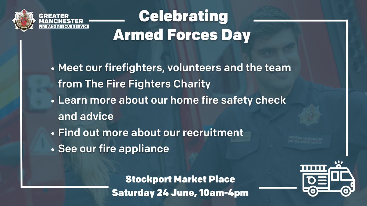 We’re joining Stockport to celebrate Armed Forces Day on Saturday 24 June!

📍Stockport Market Place
🕙10am-4pm

🚒We’ll bring along our fire appliance, share information on our home fire safety check, recruitment and more!

Join us for a family fun day!