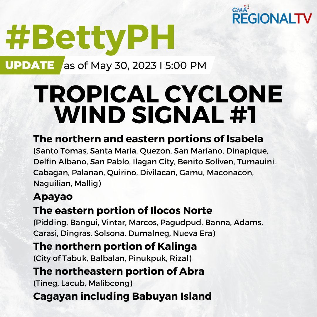 WEATHER UPDATE: Tropical Cyclone Wind Signal No. 1 and 2 raised in some parts Luzon as of May 30, 2023, 5:00 PM

#GMARegionalTV
#LocalNewsMatters
#GMAIntegratedNews