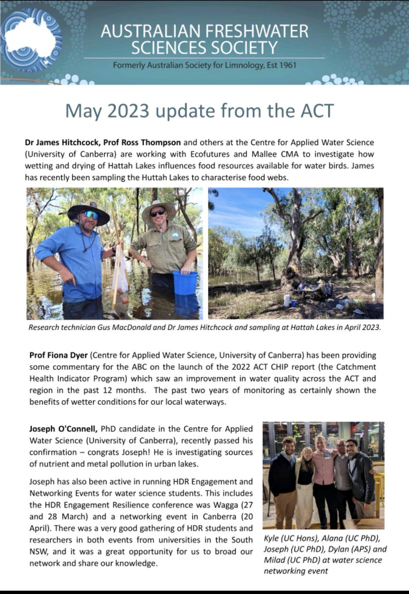 Australian Freshwater Sciences Society (AFSS) (@ausfreshwater) on Twitter photo 📰 AFSS News 📰
Keep up to date with what's happening in freshwater around Australia! Each month we'll feature news from a State/Territory. The first page of the ACT news update is below, and the full version is here: auswatersoc.org/s/ACT-News-May…
Thank you to ACT Rep <a href="/DarrenGiling/">Darren Giling</a>! 📰 AFSS News 📰
Keep up to date with what's happening in freshwater around Australia! Each month we'll feature news from a State/Territory. The first page of the ACT news update is below, and the full version is here: auswatersoc.org/s/ACT-News-May…
Thank you to ACT Rep <a href="/DarrenGiling/">Darren Giling</a>!