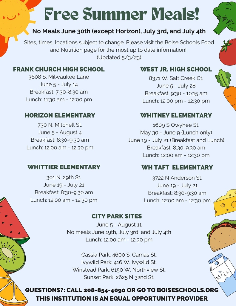 @BSDEducation is participating in the federally-funded Summer Food Service Program. Breakfast and/or lunch will be provided to children ages 1-18 at the following locations without charge. 

#everythingspossiblebsd