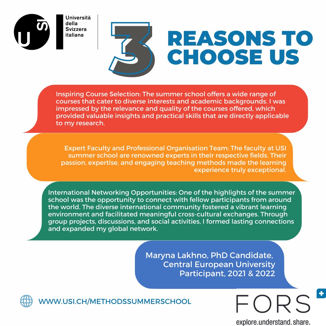 ICPP_USI's tweet image. The latest #3ReasonsFor choosing our #SummerSchool in #SocialScienceMethods from the wonderful @Maryna_lakhno - Maryna attended twice already and is coming back again this summer. To find courses with available places visit our page at: usi.ch/methodssummers… #SSM2023 @usi_en