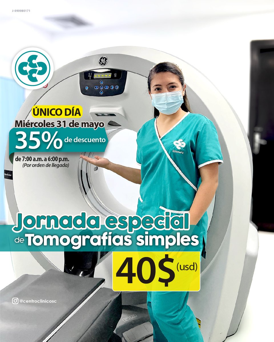 cclinicosc's tweet photo. MIÉRCOLES 31 DE MAYO, JORNADA ESPECIAL DE TOMOGRAFÍAS SIMPLES

Todas las tomografías simples, tendrán un precio de 40$ solo el día 31 de mayo.

Más información:
https://t.co/0lTqZDXINL

#cclinicosc #tomografíasensancristóbal https://t.co/DnPB5SR3Vw