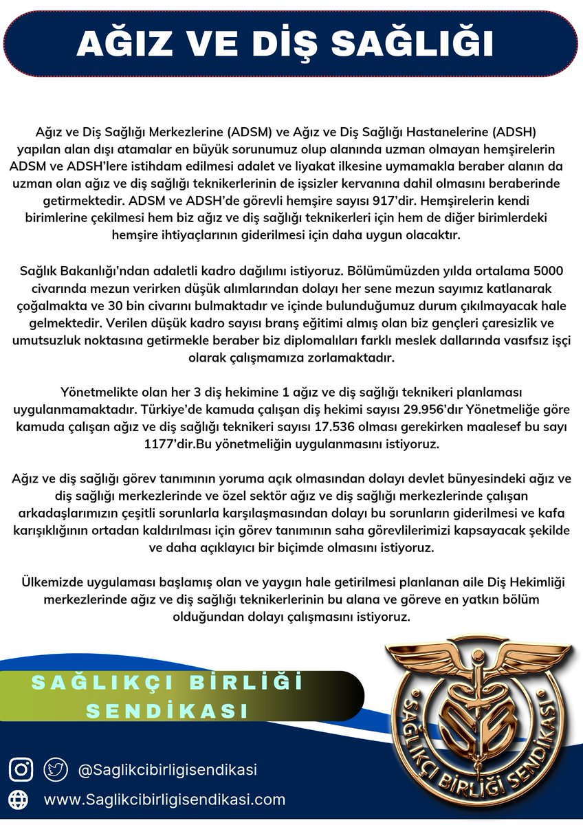 Aile diş hekimliği sistemin uygulamaya geçmesini istiyoruz. 
Ağız Ve Diş Sağlığı Teknikerler'inin hakkı verilsin,mağdur edilmesin.<a href="/drfahrettinkoca/">Dr. Fahrettin Koca</a> 

Sağlıkçı Birliği Sendikası sizinle..<a href="/SaglikciBirligi/">Sağlıkçı Birliği</a>