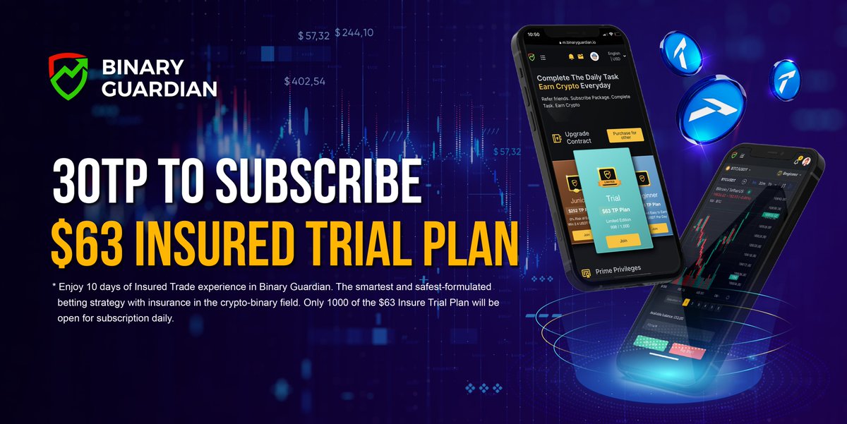 BinaryGuardian's tweet image. Get ready to experience the power of insured trade with Binary Guardian! Get a taste of our platform with a 10-day trial with 30 Trading Points (TP). Don&apos;t miss this opportunity to explore secure and profitable trading. Join us today! #InsuredTrade #BinaryGuardian #ComingSoon