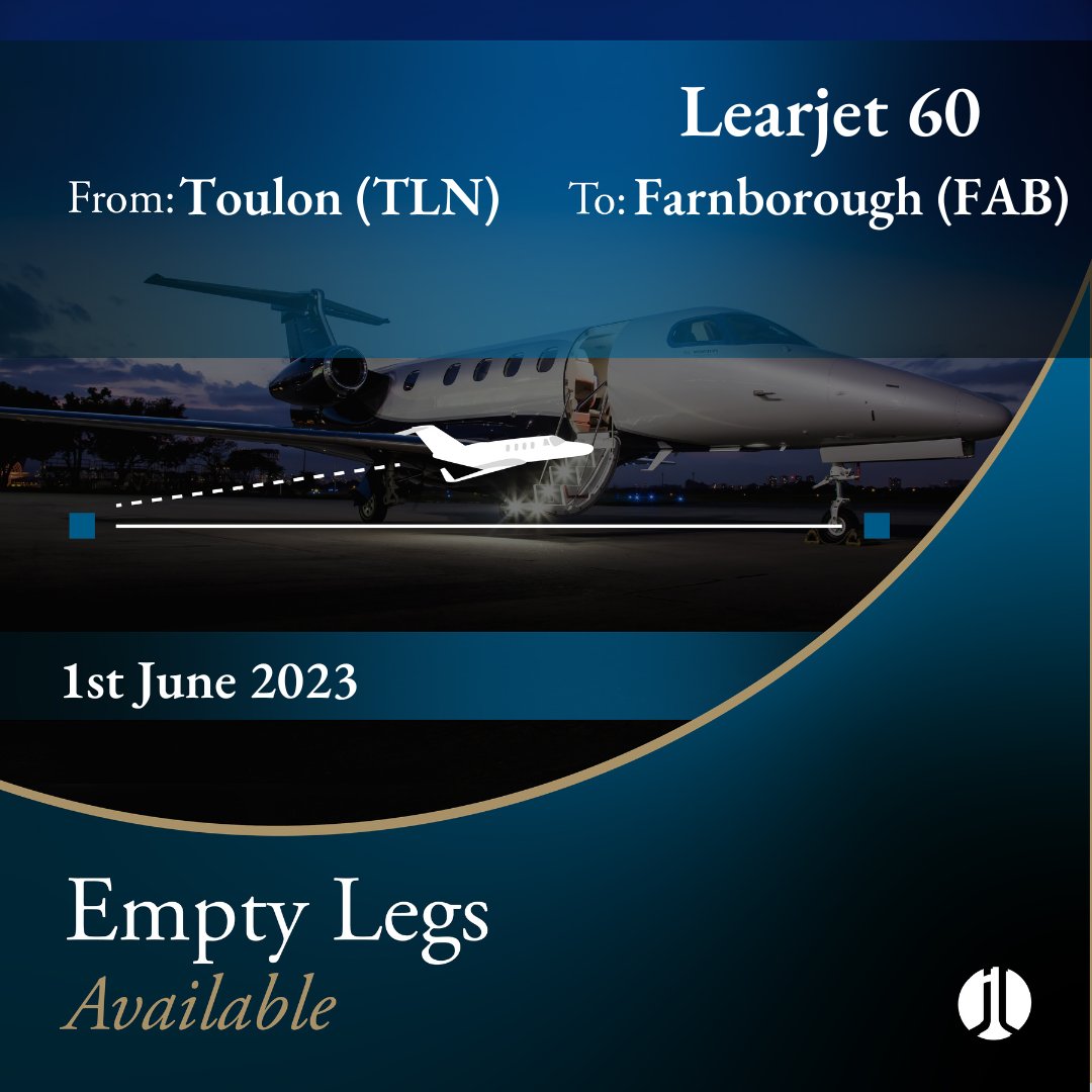 jetlogic's tweet photo. EMPTY LEG ALERT. #Toulon >>> #Farnborough. 1st June 2023. 6pax.

Contact @jetlogic to discuss your #charter requirements.

> +44 131 478 0802
> jlcharter@jetlogic.com

#JetLogic #EmptyLeg #PrivateJet https://t.co/Wzg60ACAX8