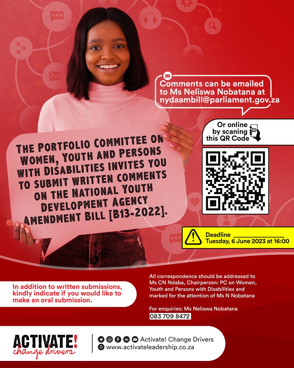 ActivateZA's tweet image. 📢  Call to participate in democratic processes: Eita activator,  The Portfolio Committee on Women, Youth, and Persons with Disabilities invites you to submit written comments on the National Youth Development Agency Amendment Bill [B13-2022]. 

#WeAREvoting
#ThisFreedom
#stage1